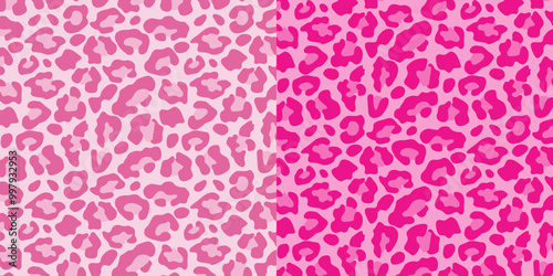 Abstract pink leopard seamless pattern set. Animal skin camouflage background design. Bright vector illustration.