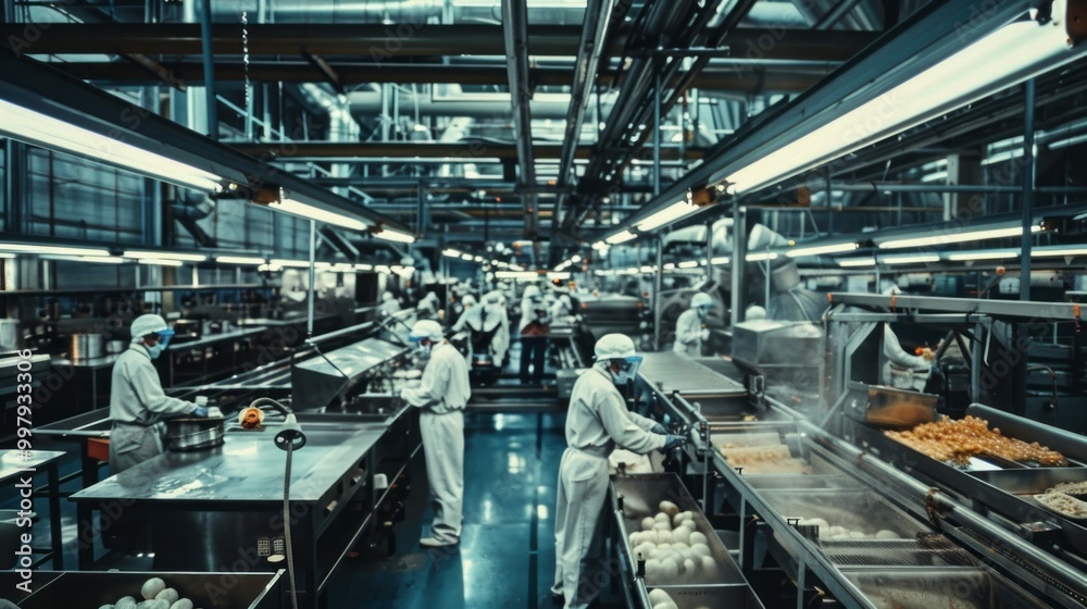 A group of workers in a factory are wearing white coats and gloves A group of workers in a factory are wearing white coats and gloves
