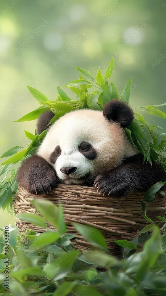 Naklejka premium A panda resting peacefully in its bamboo nest, surrounded by greenery.