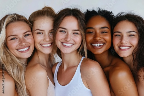 Three young women different of Asian Caucasian Black ethnicities stand together with glowing smiles, representing the power of friendship.