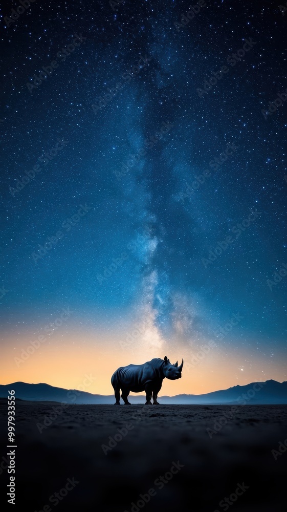 A rhinoceros roaring under a starry night sky, its silhouette imposing against the backdrop of the Milky Way. A rhinoceros roaring under a starry night sky, its silhouette imposing against the backdrop of the Milky Way.
