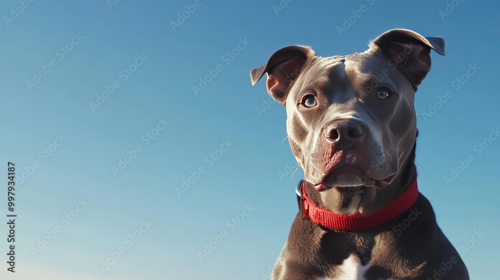 A grey pitbull with a red collar sits in front of a blue sky, gazing at the camera.