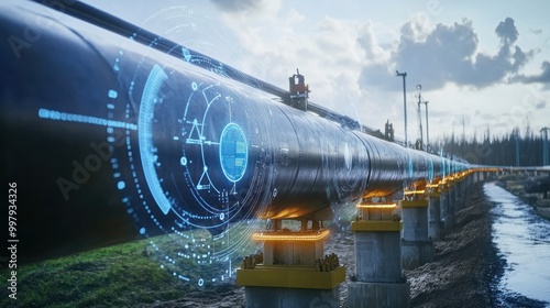 A pipeline transporting crude oil with sensors monitoring leaks and environmental impact, showcasing efforts toward a more sustainable oil production process