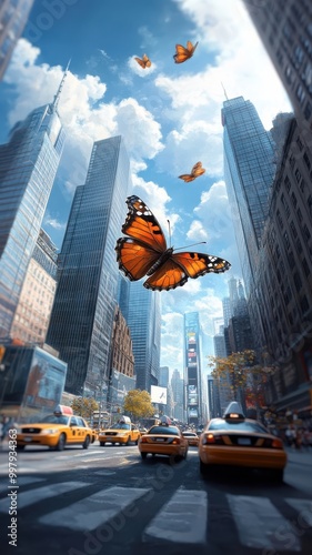 Whimsical butterfly fluttering through a bustling city street, with skyscrapers and traffic providing a dramatic backdrop to its graceful flight.