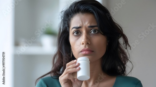 Woman holding small bottle of weight-loss pills, looking determined and focused in a minimalist, well-lit room with copy space for text. photo