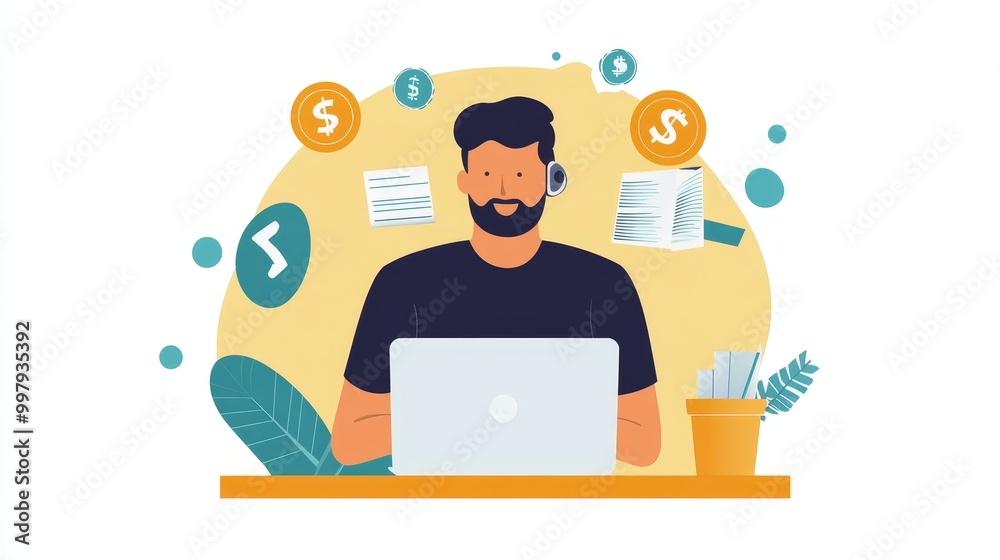 A man works remotely on his laptop and receives a call from a client. The concept of earning money while working from home is illustrated in a flat vector style. A man works remotely on his laptop and receives a call from a client. The concept of earning money while working from home is illustrated in a flat vector style.
