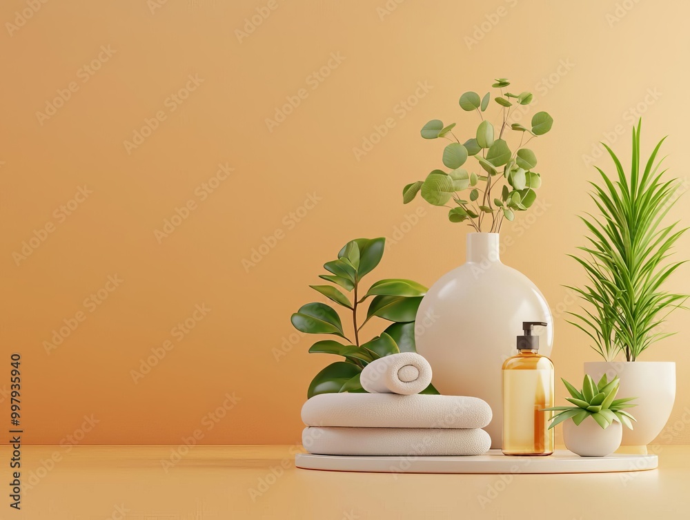 Cozy spa setting with plants, towels, and aromatherapy oils on a soft orange background. Cozy spa setting with plants, towels, and aromatherapy oils on a soft orange background.