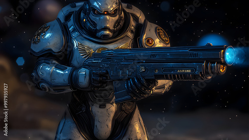 Wallpaper Mural a space marine, futuristic power armor, with intricate metallic plating and advanced technology embedded throughout.  Torontodigital.ca