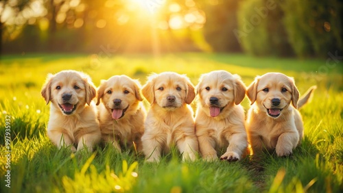 Golden retriever puppies joyfully romp together in a sunny, lush green field, their playful energy radiating happiness