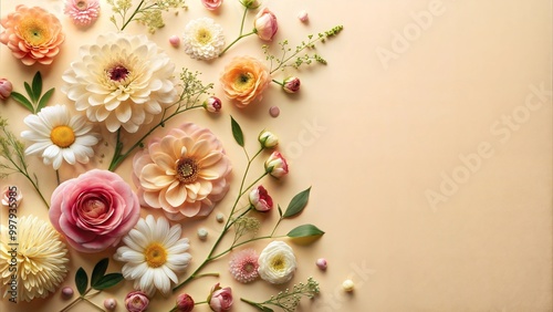  Pastel-colored floral arrangement with various delicate flowers on a soft peach background with copy space