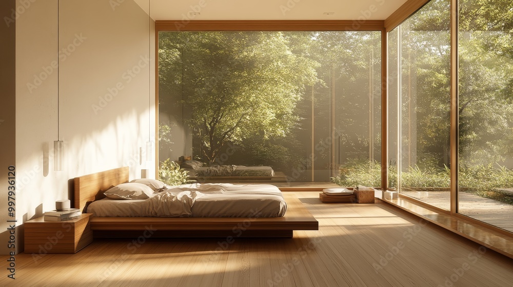 A minimalist bedroom boasts a wooden bed frame, floor-to-ceiling windows, neutral décor, and hardwood flooring. The modern interior design is depicted in a realistic 3D rendering. A minimalist bedroom boasts a wooden bed frame, floor-to-ceiling windows, neutral décor, and hardwood flooring. The modern interior design is depicted in a realistic 3D rendering.