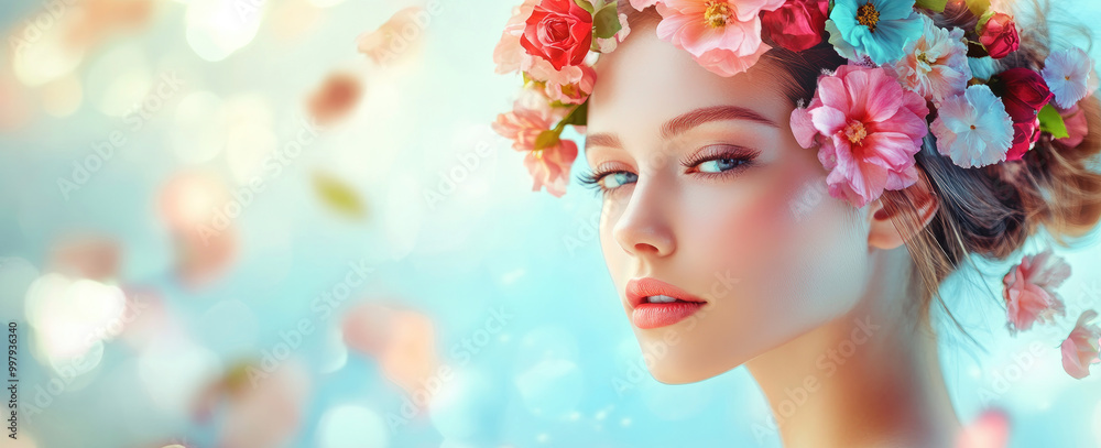 A beautiful woman with colorful flowers in her hair, against a light blue background, with flying petals and butterflies around her head. A beautiful woman with colorful flowers in her hair, against a light blue background, with flying petals and butterflies around her head.