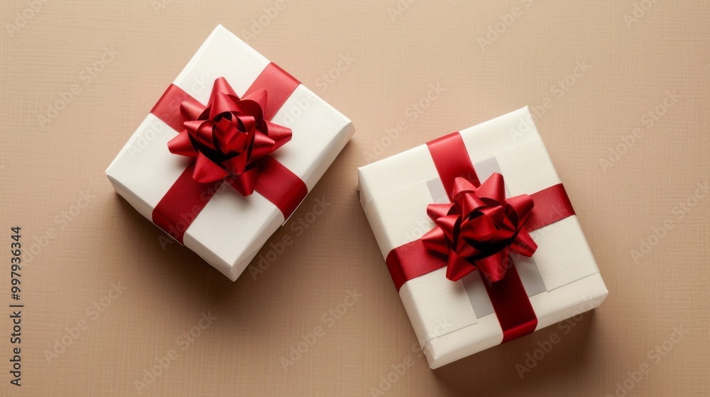 Obraz premium Two white boxes with red bows on them