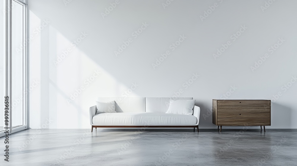 A minimalistic white living room with a comfortable white couch and a dresser against white walls and a concrete floor, with blank space on the right wall. A minimalistic white living room with a comfortable white couch and a dresser against white walls and a concrete floor, with blank space on the right wall.