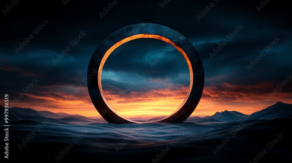 Mysterious ring in water at sunset, dramatic sky and serene atmosphere. Mysterious ring in water at sunset, dramatic sky and serene atmosphere.