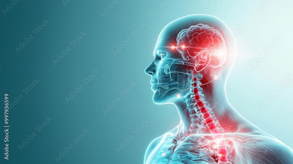 Human anatomy with highlighted brain and spinal structures on a ...