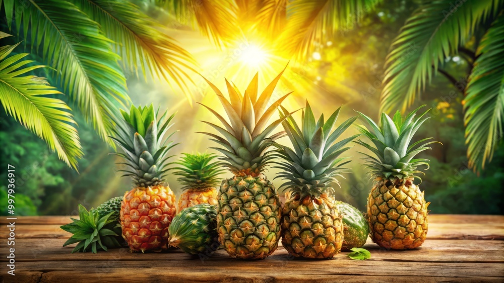 Juicy pineapples rest atop a wooden table, illuminated by bright sunlight and framed by lush tropical leaves, creating Juicy pineapples rest atop a wooden table, illuminated by bright sunlight and framed by lush tropical leaves, creating