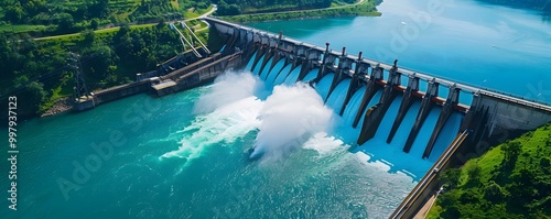 Aerial view of a stunning dam with water flowing, surrounded by lush greenery and blue sky, showcasing nature's engineering marvel.