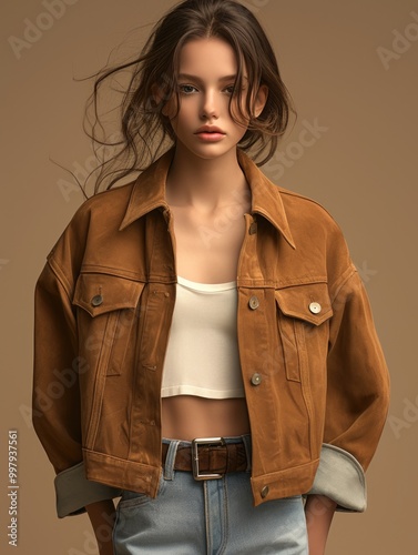 Modern women's camel suede jacket with chest pockets and soft texture, layered over a white tank top, paired with light blue jeans, styled in a casual, laid-back look.
