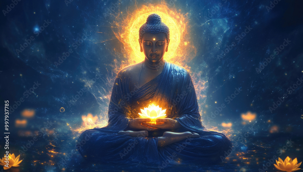 A Buddha sitting in a lotus position with a glowing aura, against a blue and pink background, holding the sacred flower of life in his hand, with a golden halo around him A Buddha sitting in a lotus position with a glowing aura, against a blue and pink background, holding the sacred flower of life in his hand, with a golden halo around him