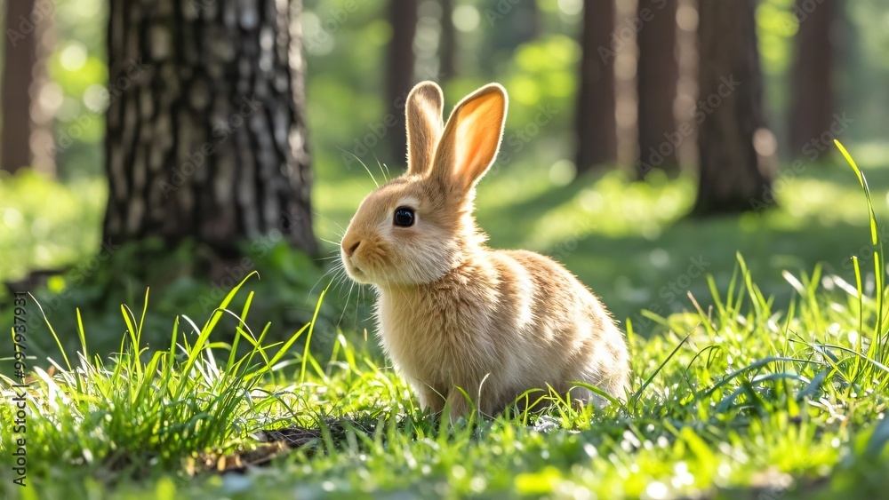 Obraz premium Cute little bunny on the grassland in the forest, spring and summer background, Easter, farm