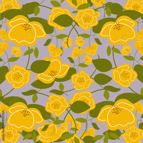 Spring seamless pattern with leaves. Hand drawn background. Floral pattern for wallpaper or fabric. Bright yellow flowers. Festive decoration. Light purple background.