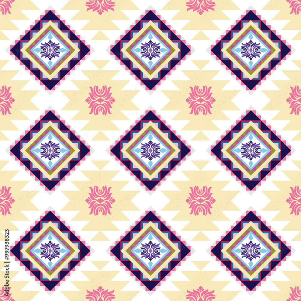 Geometric Tribal Pattern with Floral Accents in Pastel Tones. Geometric Tribal Pattern with Floral Accents in Pastel Tones.