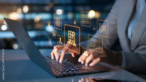 ERP (Enterprise Resource Planning) interface on a laptop. Businessman using a computer to document management for ERP.  Resource Planning,