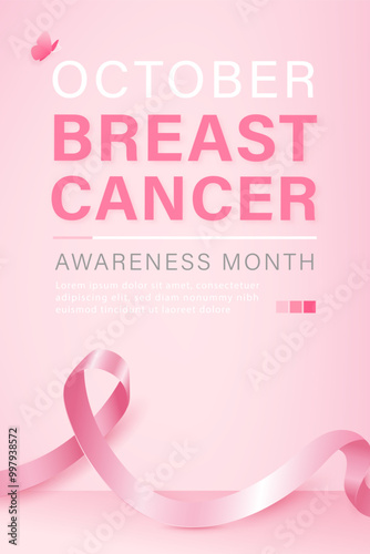 October breast cancer awareness month cover with pink ribbon symbol, vector design