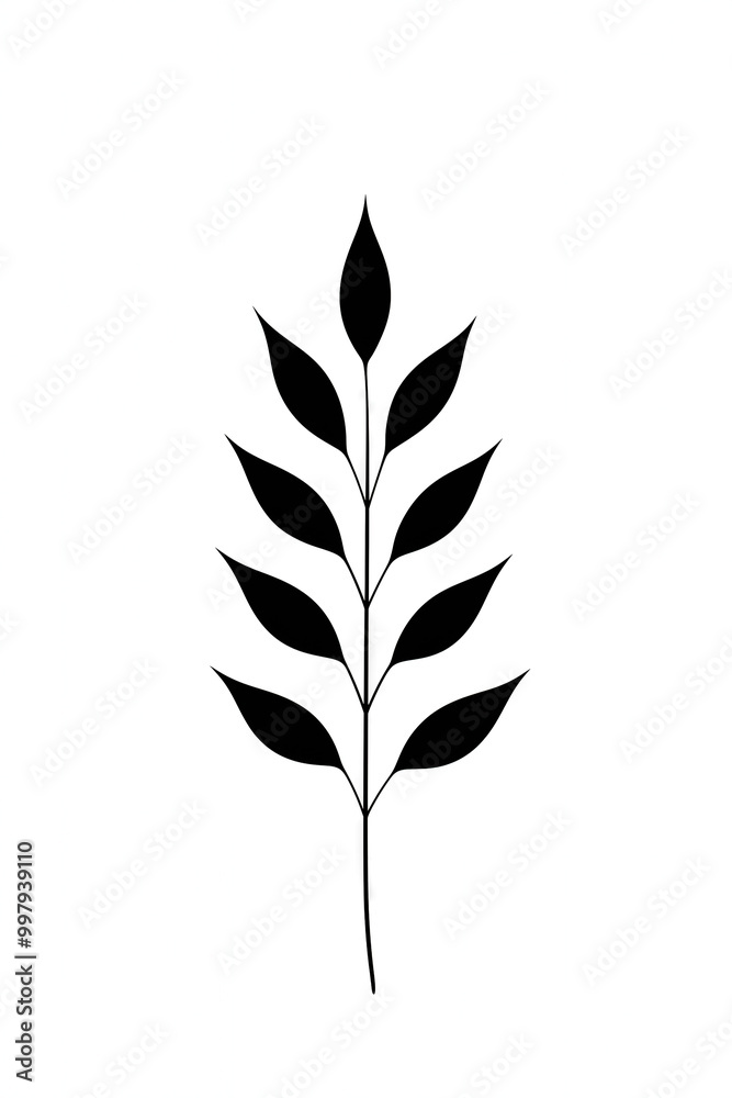 Minimalist black and white branch silhouette with leaves growing Minimalist black and white branch silhouette with leaves growing