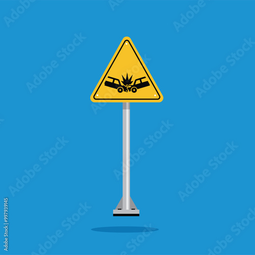 car accident warning sign on yellow triangle board. Suitable for posters and web icons	
