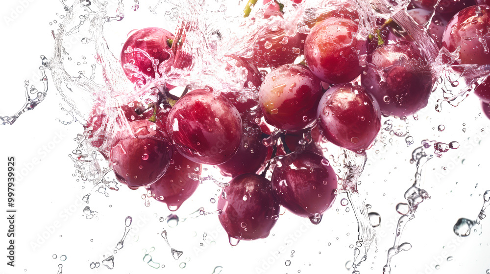Close-up of grapes and a splash of water. A bunch of red grapes falls into a stream of clear water. The water is sprayed and the grapes are washed. a natural organic product