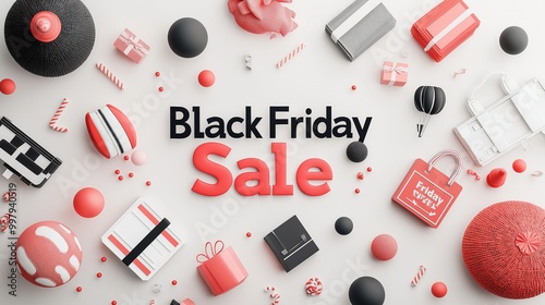 Vibrant flat lay of festive items showcasing a Black Friday sale, featuring red and black designs for shopping promotions.