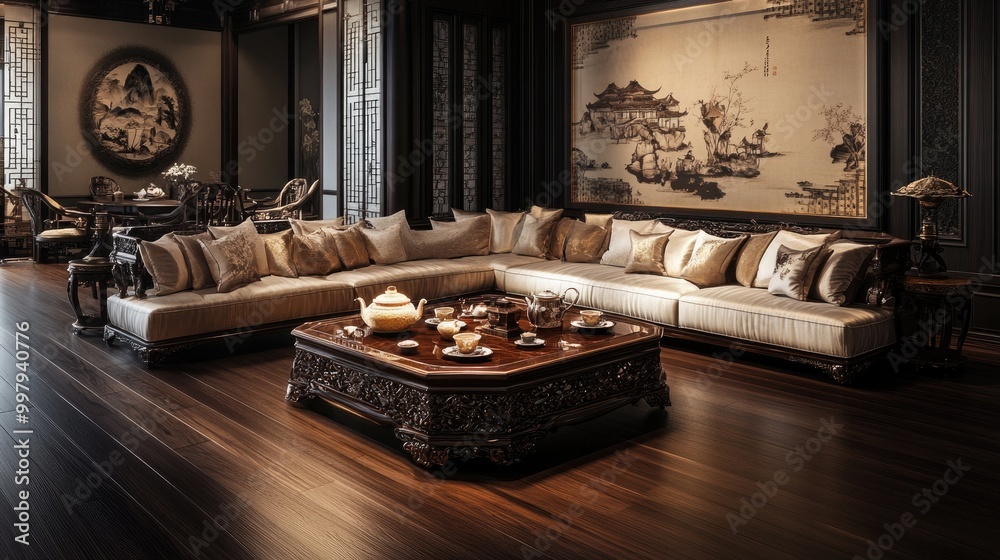 An opulent drawing room featuring dark wood floors An opulent drawing room featuring dark wood floors