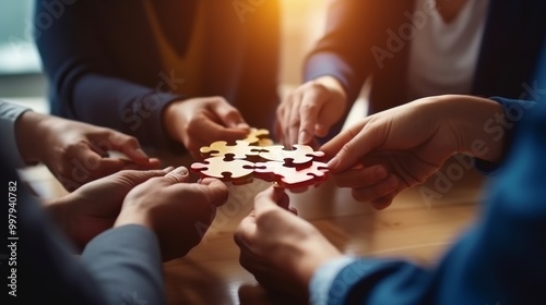 A group of people are holding a puzzle together