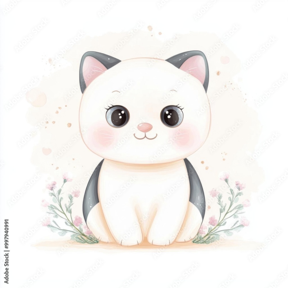 Cute cartoon cat character with big eyes, surrounded by delicate flowers, perfect for children's designs and playful art. Cute cartoon cat character with big eyes, surrounded by delicate flowers, perfect for children's designs and playful art.