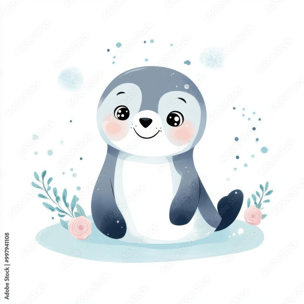 Obraz premium Cute and cheerful seal illustration with a playful expression, surrounded by flowers and bubbles on a soft background.