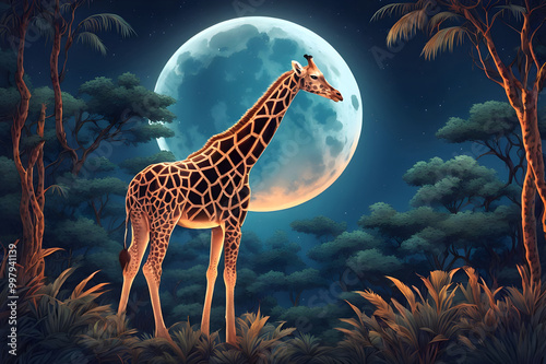 illustration of a giraffe on the jungle in front of a full moon ai generated