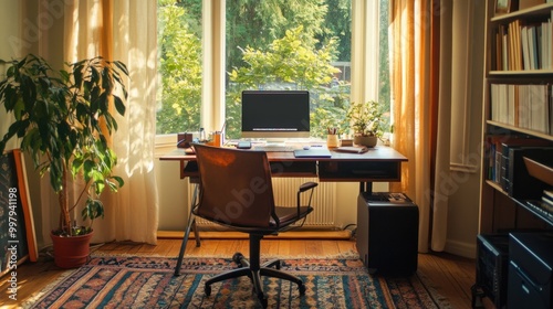 A balanced routine portrayed with morning yoga and an organized home office setup