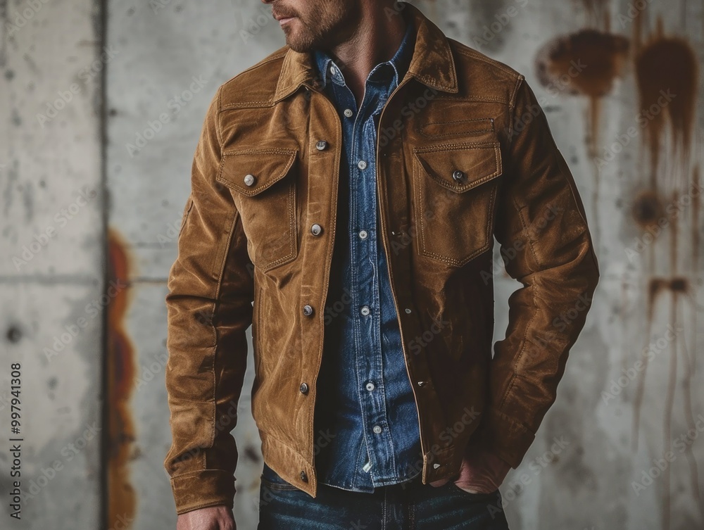 Stylish men's suede jacket in light brown with trucker design, front button closure, chest pockets, paired with a blue denim shirt for a modern layered outfit, neutral background, bright lighting.
Stylish men's suede jacket in light brown with trucker design, front button closure, chest pockets, paired with a blue denim shirt for a modern layered outfit, neutral background, bright lighting.