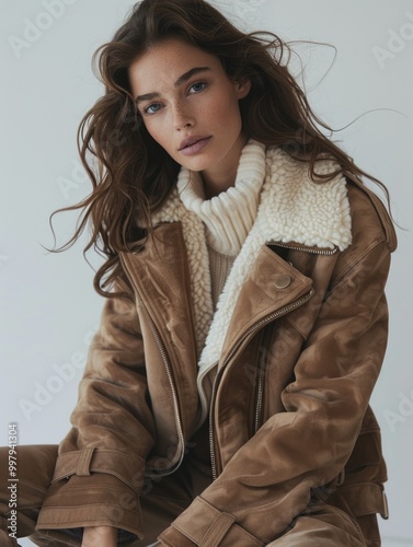 a fashionable women's suede jacket in a light brown color, with a soft, matte texture and a slightly fitted design. The jacket includes an asymmetrical front zip closure