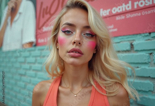 Close-up of a blonde woman with bold pink makeup photo