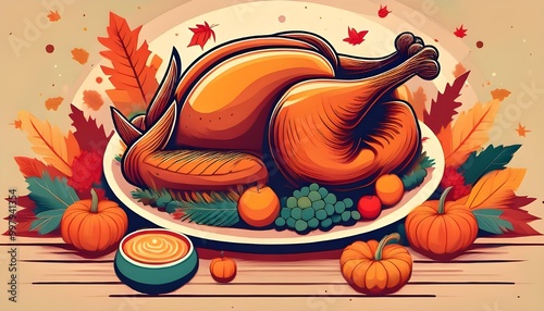 Thanksgiving Day Background with Roasted Chickend and Many Objects. Happy Halloween Thanksgiving October Ideas for Graphical Resources Flat Vector Design