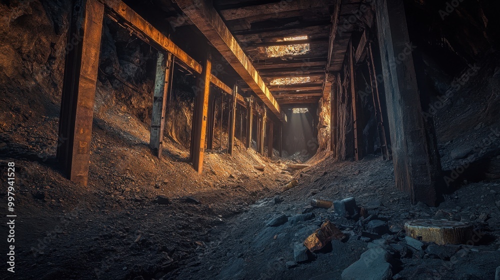 Abandoned gold mineshaft with beams precariously balanced over a deep pit of forgotten riches Abandoned gold mineshaft with beams precariously balanced over a deep pit of forgotten riches