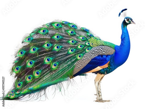 Peacock with spread tail feathers Isolated On White Background photo