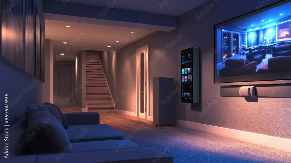 A basement with smart moisture control to prevent mold and a home theater setup that adjusts sound based on the number of viewers A basement with smart moisture control to prevent mold and a home theater setup that adjusts sound based on the number of viewers