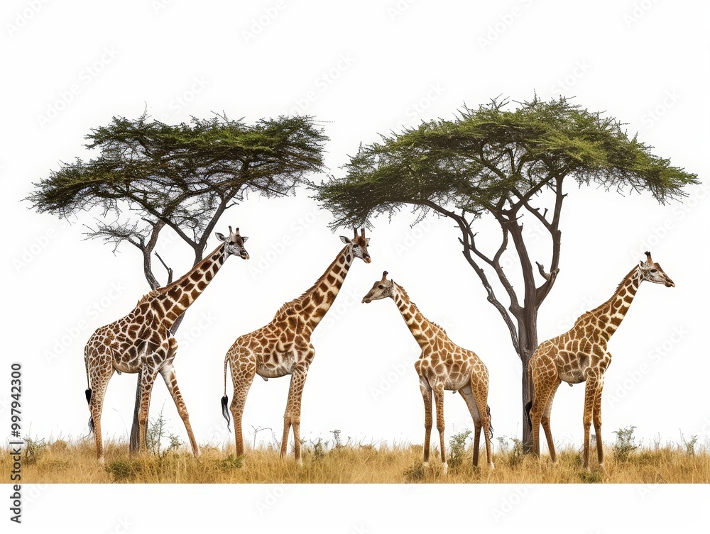 Obraz premium Four Giraffes Standing Tall in the Savannah Isolated On White Background