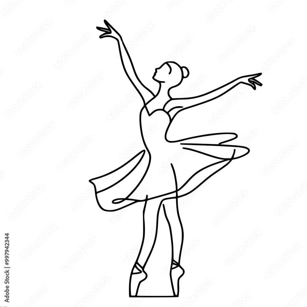 Line drawing of graceful ballerina running with light step on pointe shoes with arms extended to the sides, single line contour vector drawing Line drawing of graceful ballerina running with light step on pointe shoes with arms extended to the sides, single line contour vector drawing