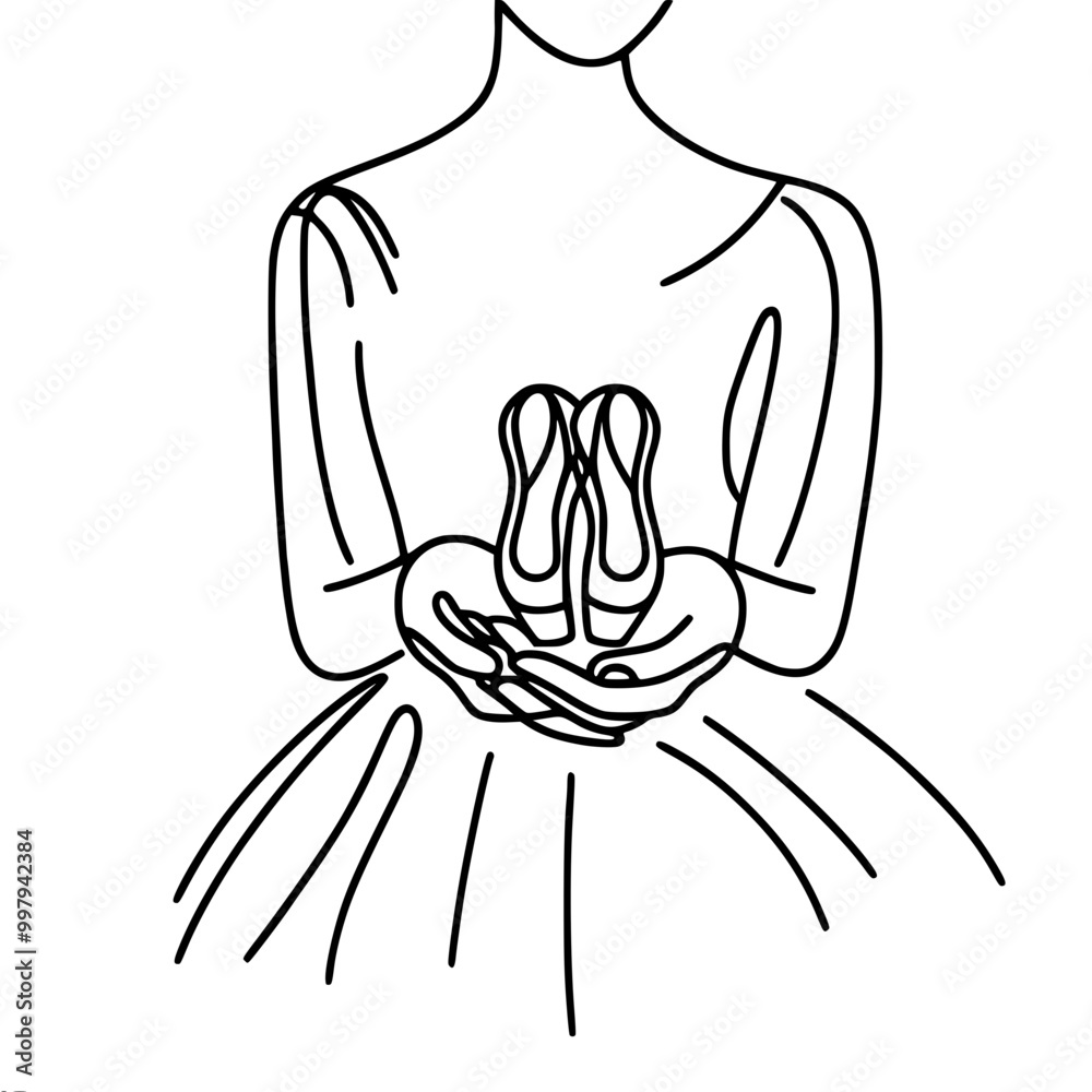 Line drawing of ballerina in tutu holding punts in hands in front of her, single line outline vector drawing Line drawing of ballerina in tutu holding punts in hands in front of her, single line outline vector drawing