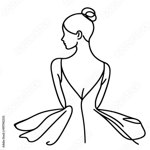 Minimalistic simple vector drawing of a ballerina in a tutu, standing with her back, holding her hands down in front of her, done in black lines on a white background